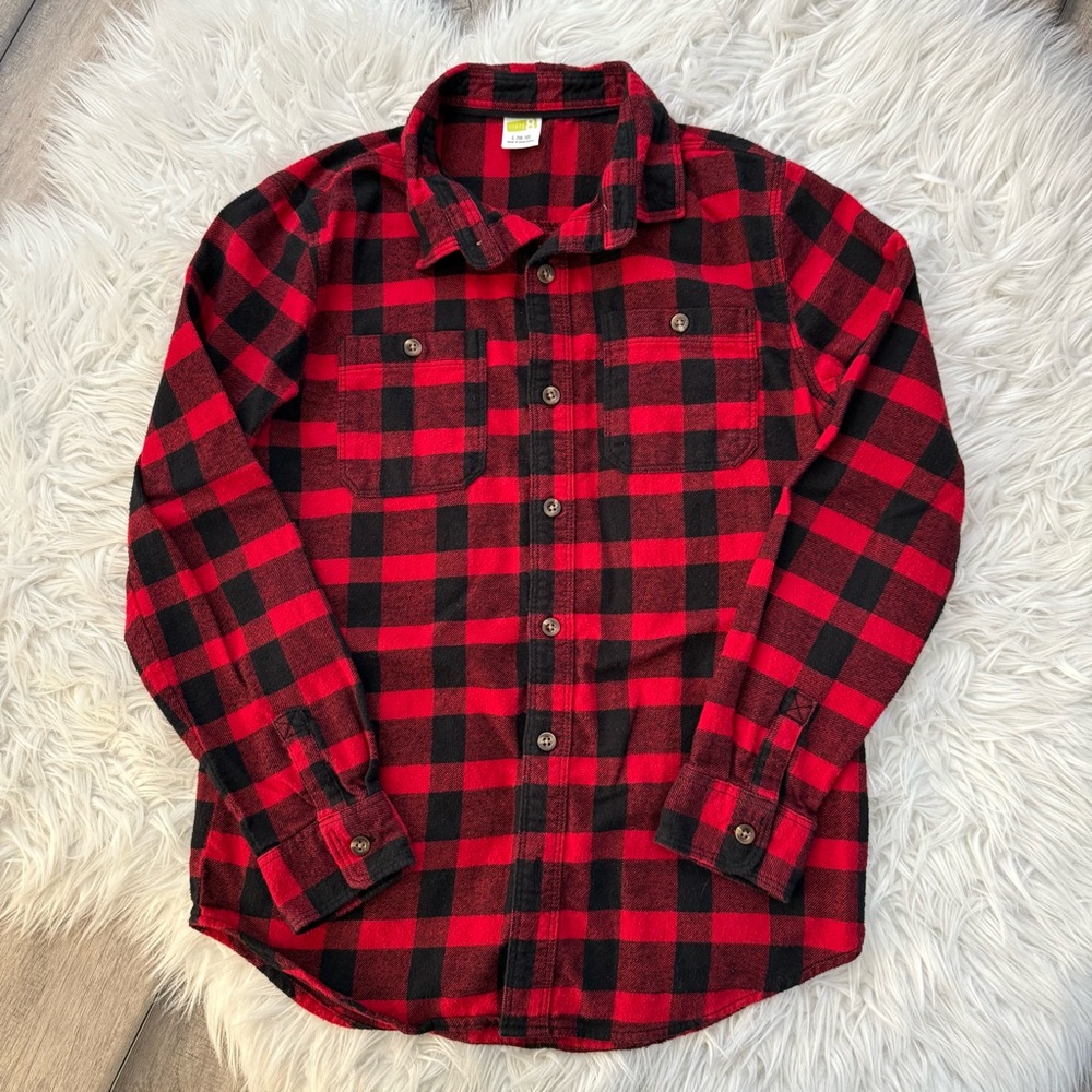 Boys Buffalo Plaid Red and Black Flannel Button Down Shirt